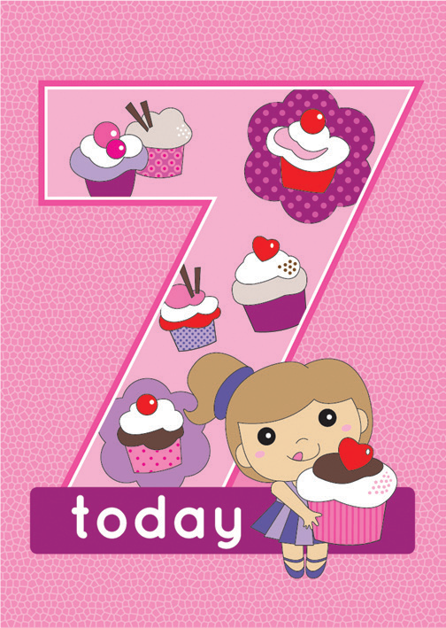 Pink cupcake- 7th age girl birthday card. Retail $2.99. . Inside: Sweet wishes and kisses for the birthday girl. 4824