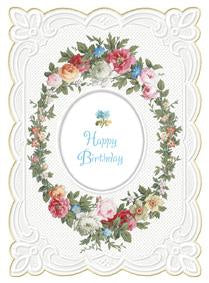 Floral wreath Thinking of you on your birthday embossed die cut general birthday greeting card from Carol Wilson Fine Arts. Inside:...and wishing you the happiest kind of day! Retail: $4.25. CRG1555