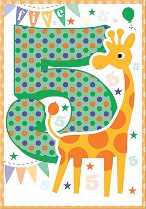 Giraffe- 5th age birthday card. Retail $3.49. Unit Quantity 6. Inside: Five is a lucky number. Five is filled with fun surprises!