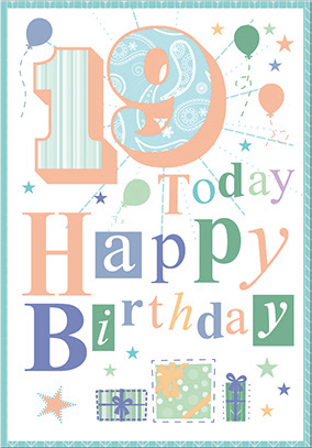 Colorful- 19th age general birthday card. Retail $3.49. Unit Quantity 6. Inside: Wishing you happiness and cheer for this and every coming year...