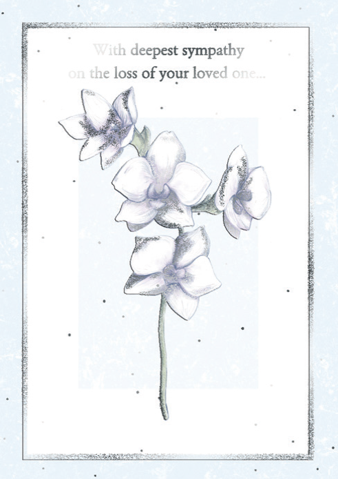 Orchid stem- Sympathy greeting card. Retail: $3.99. Unit pack: 6. Inside: Although no words can really help to ease your loss...