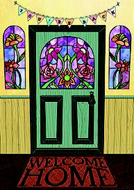 Front door- New home greeting card. Retail: $3.49. Unit pack: 6. Inside: So glad to see you. Welcome home.