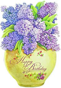 Purple lilacs in a golden vase embossed die cut general birthday greeting card from Carol Wilson Fine Arts. Inside: Today is the day that is just for you! Retail: $4.25 CRG1338