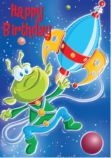 Aliens- Kid Birthday card. Retail $2.59. . Inside: Hope your birthday is extraterrestrial, and extra special too! 04018A