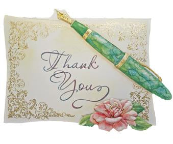 Gold foil accenting and a classic fountain pen depict this classic thank you card from Carol Wilson Fine Arts. Inside: ....so very much! Retail: $4.25 CRG1693