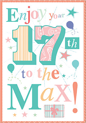 Colorful- 17th age birthday card. Retail $3.49. Unit Quantity 6. Inside: This day celebrates seventeen years...