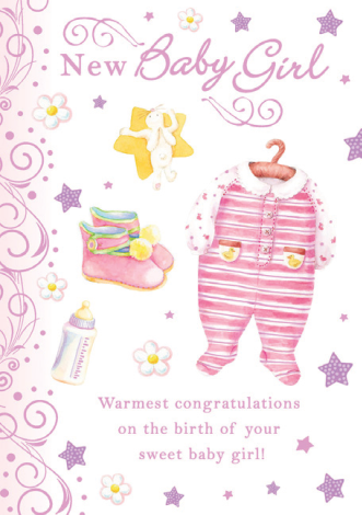 Pink baby onsie new BABY GIRL greeting card. Inside: Congratulations on the safe and happy arrival of your new baby girl.  Unit pack of 6 cards. Retail $3.99