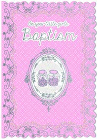 Pink booties- Girl Baptism greeting card. Retail: $3.49. Unit pack: 6. Inside: God has blessed you with a gift...