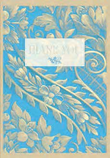 Gold and blues scroll leaf thank you embossed greeting card from Carol Wilson Fine Arts. Inside: For everything. Retail: $4.25. CRG1374