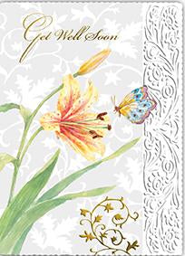 Lily and butterfly themed embossed die cut get well greeting card from Carol Wilson Fine Arts Inside: Sending get well wishes so you feel better soon. Retail: $4.25 Unit pack 6