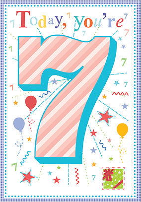 Pink seven- 7th age birthday card. Retail $3.49. . Inside: As you grow older and bigger, you're also growing cooler! 8703