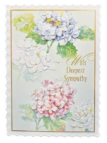 Pink, blue, white hydrangea embossed die-cut sympathy greeting card from Carol Wilson Fine Arts. Inside:  May peach and love surround during this difficult time. Retail: $4.99. f 6 CRG1695