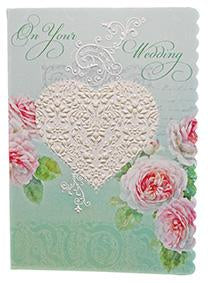 Pink rose "on your anniversary" embossed, die cut anniversary greeting card from Carol Wilson FIne Arts. Retail: $4.25 CRGN4002