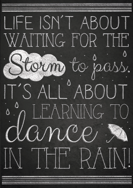 LIFE IS ABOUT LEARNING TO DANCE IN RAIN from Blackboard Collection. General Birthday greeting card. Retail: $2.99  Inside: BLANK 6906