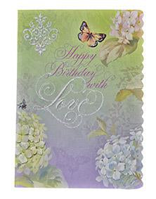 Wishes of birthday love on a purple and green background accented with butterflies & hydrangeas, Embossed die cut general birthday greeting card from Carol Wilson. Inside: Wishing you a day that is special in every way. Retail: $4.25 CRGN4003