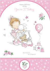 Girl with walker- 2nd age girl birthday card. Retail $2.99. . Inside: Lets all sing Happy Birthday with a hip hip HOORAY! 03958A