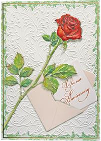 Single red rose embossed die cut anniversary greeting card from Carol Wilson Fine Arts Inside: Our love continues to grow. Retail: $4.25 CRG1344