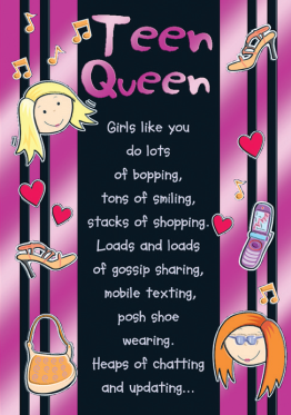 Pink teen queen- Kid Birthday card. Retail $3.49. Unit Quantity 6. Inside: ...and on your birthday celebrating! Happy Birthday.