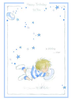 Boy with football- Kid Birthday card. Retail $3.49. Unit Quantity 6. Inside: Here's wishing you a fun-filled, fab and wonderful day