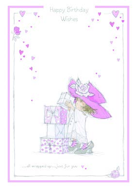 Girl with big pink hat- Kid Birthday card. Retail $2.99. Unit Quantity 6. Inside: A stack of sweet surprises, for a treasure like you...