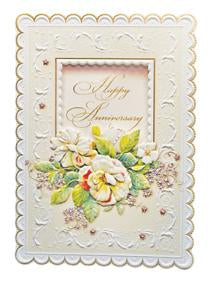 Your anniversary floral cream rose embossed die cut anniversary card from Carol Wilson Fine Arts. Inside: With love to a wonderful couple. Retail: $4.25 CRG1072