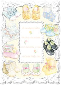 Soft colored baby booties create a border frame to welcome baby, embossed die cut new baby card from Carol Wilson Fine Arts Inside:  A newborn baby so tiny and sweet.... Retail: $4.99 CRG1074