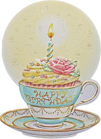 Fancy teal tea cup holds a festive cupcake with a single candle. Embossed die cut general birthday card from Carol Wilson Fine Arts. Inside: No one can hold a candle to you! Retail: $4.25 Unit pack 6